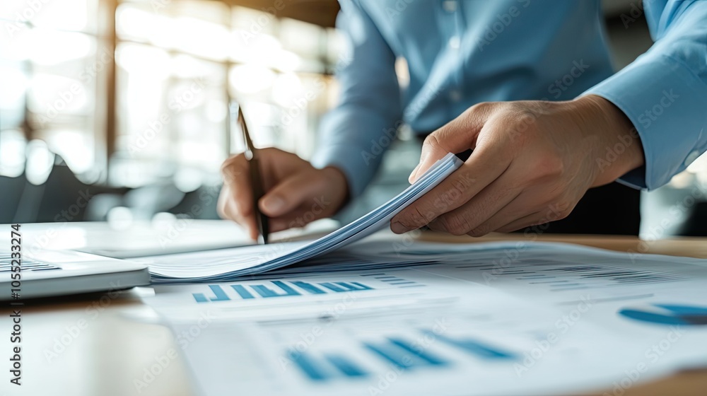Poster a person's hands working on a spreadsheet with graphs