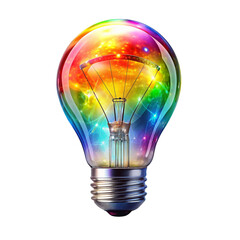 Creative light bulb with a bright multi-colored glow inside on a transparent background, close-up, isolated.