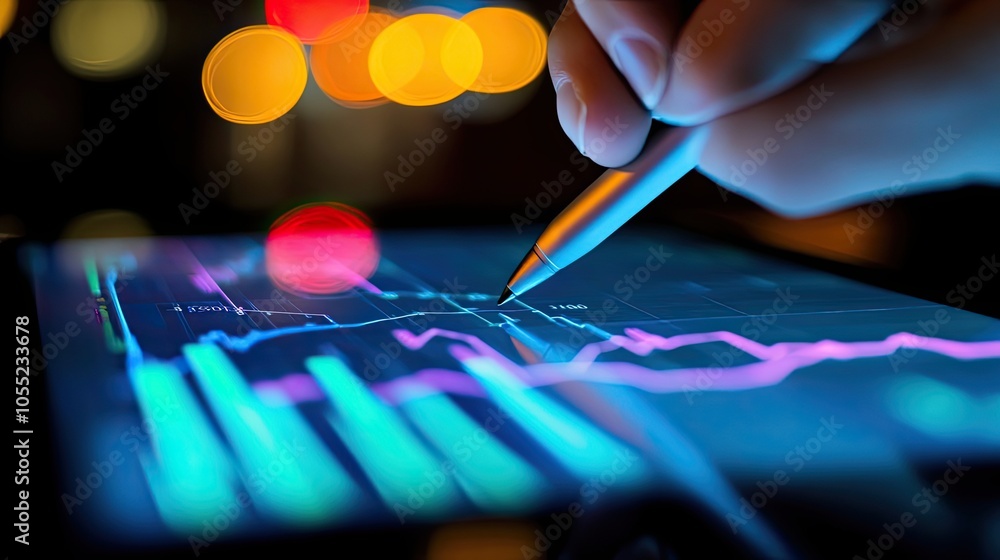 Poster hand using stylus to analyze a digital chart with bokeh lights in the background