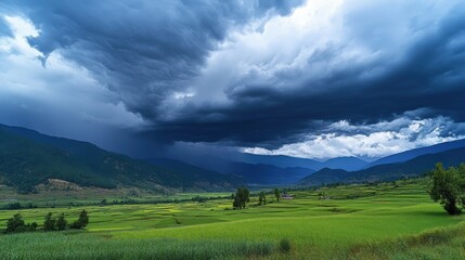 Obraz premium A dramatic image of a thunderstorm approaching the Bhutanese countryside,