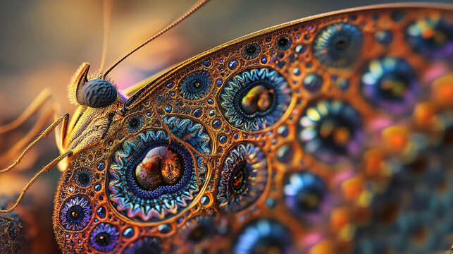 Detailed view of a butterfly’s eye covered in minuscule fractals that shift in rainbow color.