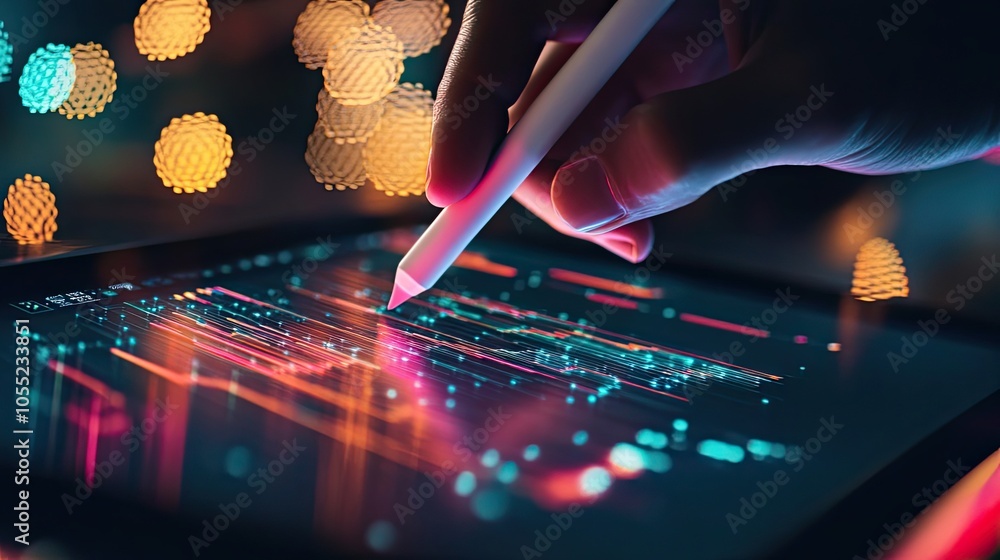 Poster a hand using a stylus to interact with digital lines of code on a tablet screen.