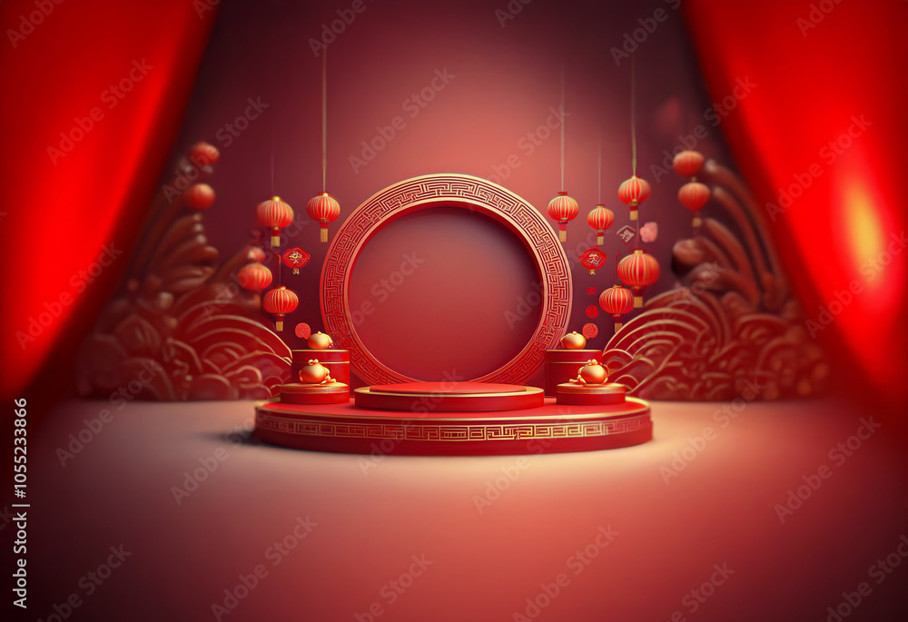 Poster a red circular stage with gold trim stands against a backdrop of red curtains and chinese-style patt