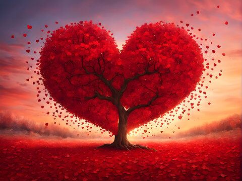 Tree of love. Red heart shaped tree at sunset. Beautiful landscape with red tree and falling leaves.Love background