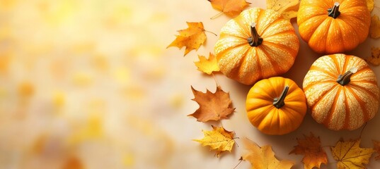 Autumn Still Life with Orange Pumpkins and Fall Leaves on Beige Background with Copy Space
