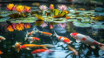 Colorful koi fish swimming among water lilies in a serene garden pond during summer