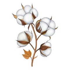 Hand drawn watercolor cotton branch plant isolated on white background.