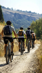Obraz premium Group of mountain bikers riding along rugged terrain, enjoying the outdoors -