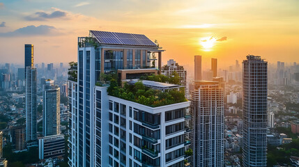 Obraz premium High-rise apartment building with solar panels on the roof in a green cityscape at sunset, energy efficiency concept -