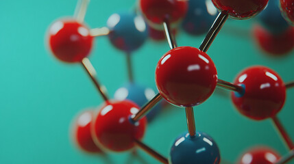 Molecular model with red and blue atoms connected by bonds, set against a green background. Ideal for scientific and educational content.