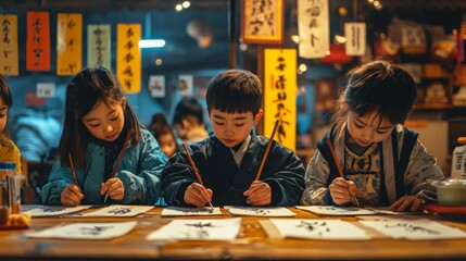 Fototapeta premium Kids learn calligraphy for New Year with culture and education emphasis