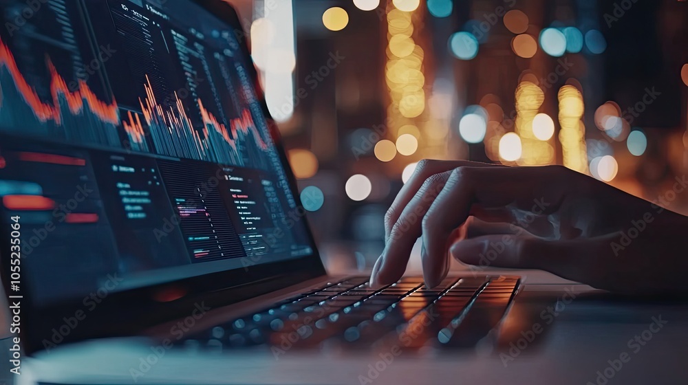 Poster close-up of a hand typing on a laptop with data visualizations displayed on the screen