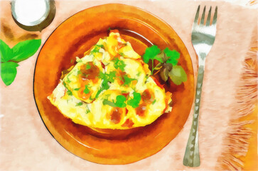 Watercolor. Vegetarian Moussaka. Traditional Greek dishes. Casserole with eggplants. Ingredients: aubergine, potatoes, tomatoes, garlic, egg, yogurt, nutmeg, oregano. Digital painting - illustration.