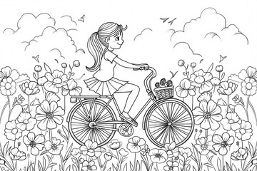 Obraz premium A cheerful young girl rides her bicycle through a field of blooming flowers, surrounded by a whimsical landscape filled with clouds and birds.