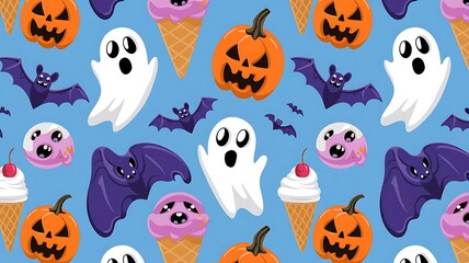 Obraz premium Cartoon ice cream seamless Halloween monsters pattern for wrapping paper and fabrics and linens and kids clothes print and autumn packaging and festive accessories. High quality illustration