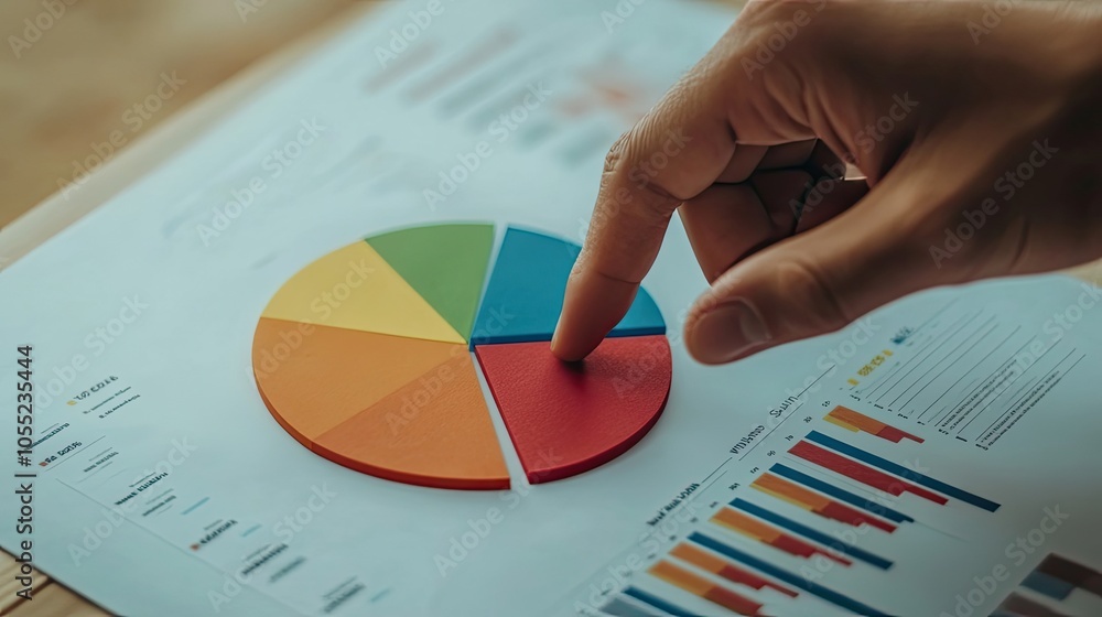 Poster hand pointing at a colorful pie chart on a financial report