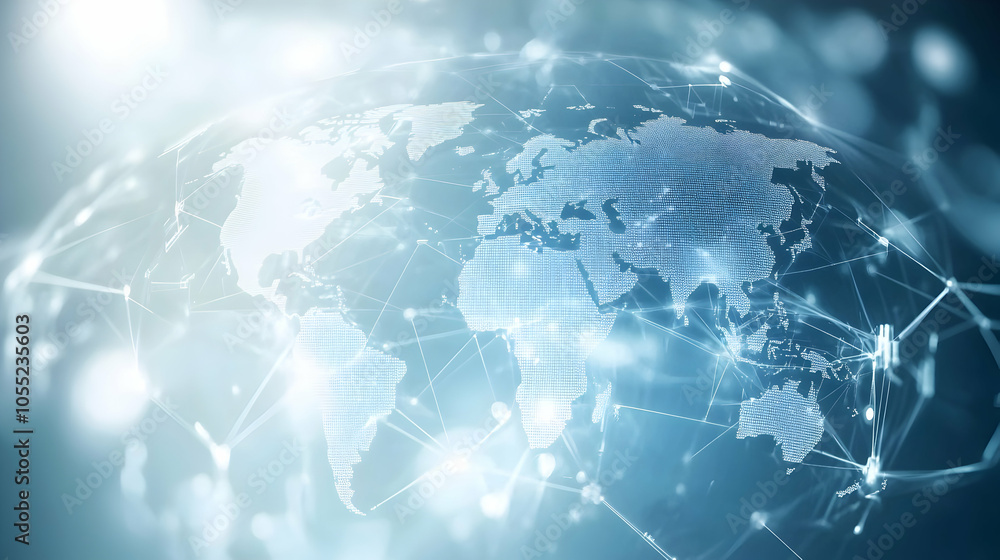 Poster light blue background with digital world map and global network connections -
