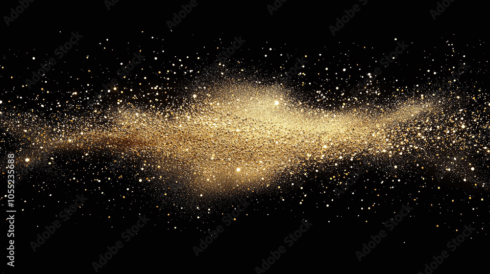 Poster golden particles flowing on a black background, creating a luxurious and sparkling wave effect. idea