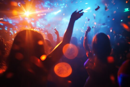 silhouette of people partying , colorful lights , flare