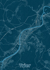 Map of Trier, Germany, rendered in a minimalist style. The map features a deep blue background with white lines representing roads and waterways.