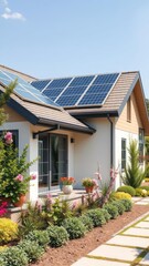 Close-up of a modern home with solar panels installed on the roof surrounded by a well-maintained garden and bright sunlight solar panel Ultra realistic Photorealistic 