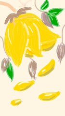 A cascade of yellow flowers gently falls, their petals drifting down in a delicate shower. Surrounding them, leaves begin to take on shades of brown, signaling the change of season. The scene captures