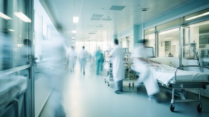 Obraz premium the dynamic activity of healthcare professionals in a hospital ward, with patient beds and medical devices barely in focus