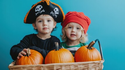 Children dressed as pirates with pumpkins on a blue background