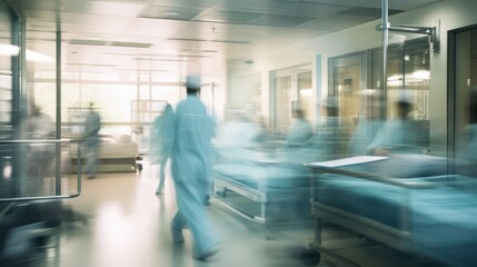 the dynamic activity of healthcare professionals in a hospital ward, with patient beds and medical devices barely in focus