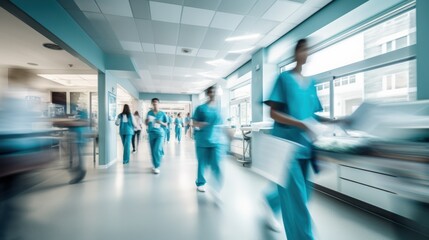 the dynamic activity of healthcare professionals in a hospital ward, with patient beds and medical devices barely in focus