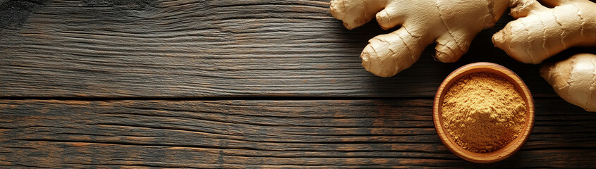 Ginger root whole and in powder on a wooden background with space for text, created with Generative AI technology