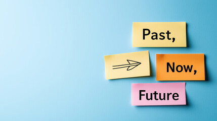 Past, Now, Future written on sticky notes in vibrant colors against blue background evokes sense of time and reflection