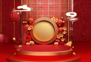 A red and gold 3D rendering of a stage with a circular golden frame, decorated with hanging lanterns and flowers.