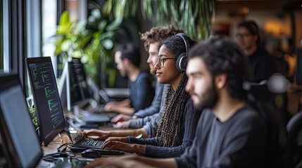 Young woman in headphones coding on a computer with colleagues