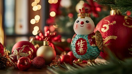 Festive New Year decorations with cultural symbols in closeup