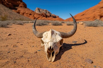 Artistic view of a bison skull placed in a desert landscape, with cacti and red rocks in the background, Bison skull in desert, Western and iconic