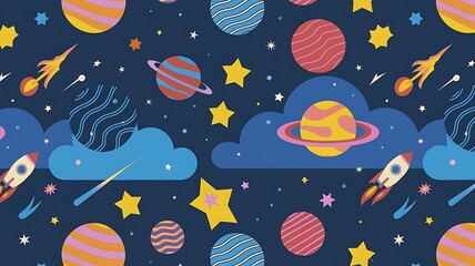 Stylized retro space objects vector seamless background