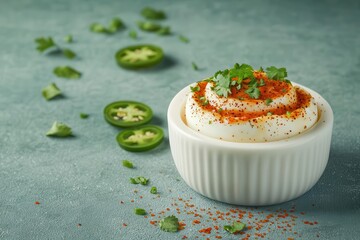 3D rendering of deviled eggs with a swirl of sriracha on top, garnished with jalapenos and cilantro, Spicy deviled eggs, Bold and zesty