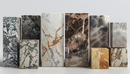 A collection of various marble stone blocks showcasing diverse patterns and colors, perfect for interior design inspiration.