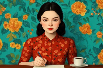 Artistic depiction of a housewife writing a grocery list on a notepad while sitting at a kitchen table with a cup of coffee, Writing a grocery list, Relaxed and organized