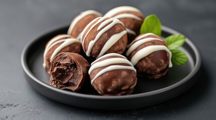 Close-up of chocolate truffles with white drizzle on a black plate with mint garnish on dark background