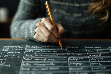 Close-up of a housewife organizing family schedules on a large calendar or chalkboard, Housewife organizing schedules, Efficient and coordinated