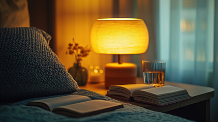 Cozy bedroom with warm lamp light, books, and a glass of water at night