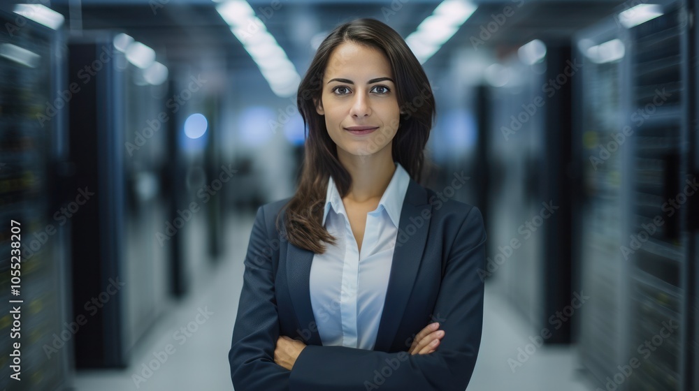 Poster female engineer confidently posing with arms crossed in front of a busy data center