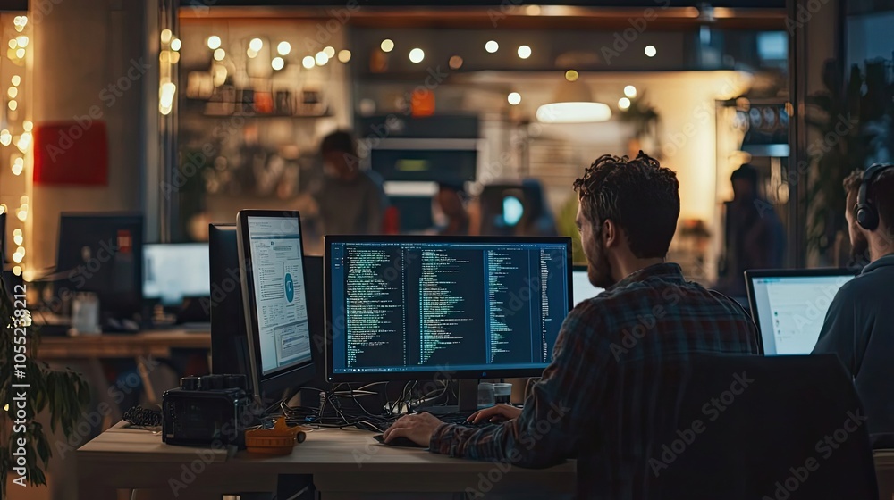 Poster man working on a computer with code displayed on the screen in a dimly lit office