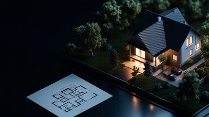 Naklejka premium A house is shown on a computer screen with a blue background. The house is very detailed and he is a model of a house