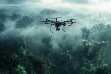 Naklejka premium flying drone , with dramatic sky as background ,on Indonesia forest , wind flow