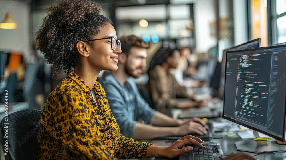 Poster woman coding on a computer with a blurred background of colleagues