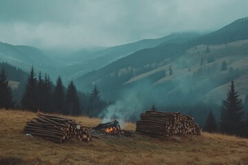 Naklejka premium Deforested Area with Burning Wood Piles