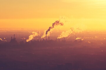 Obraz premium Sunset Over Active Oil Refinery with Smoke Emissions